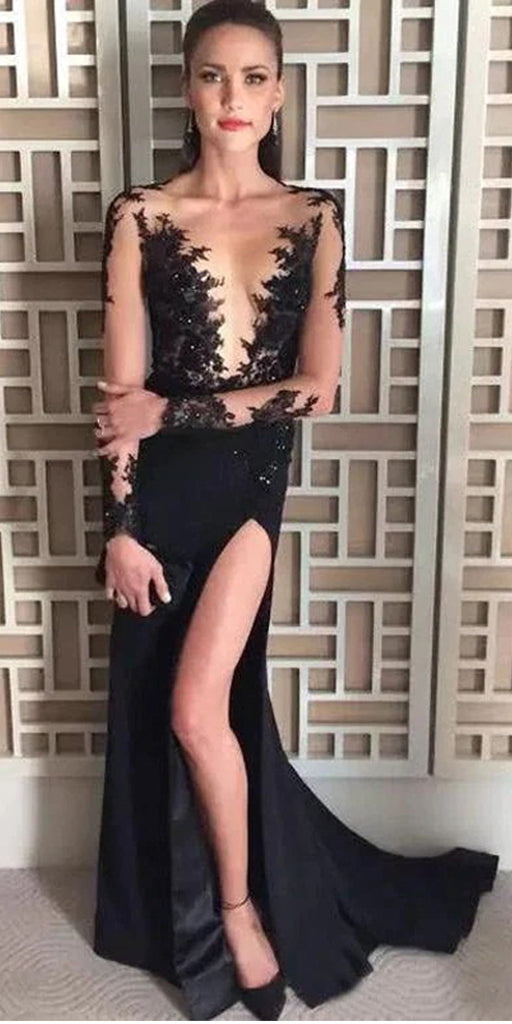 Sexy Black Mermaid Side Slit Long Sleeves Party Prom Dresses, Evening Dress,13156