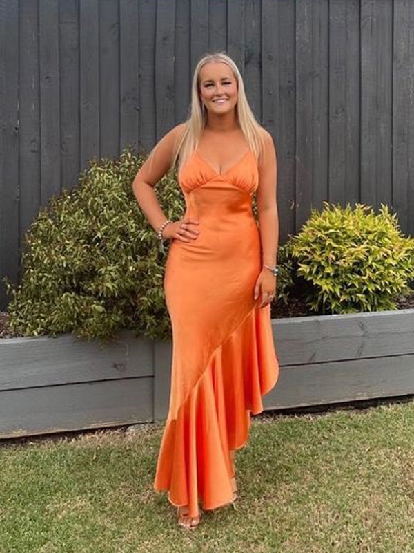 Sexy Orange Mermaid Spaghetti Straps V-neck Party Prom Dresses, Evening Dress,13157