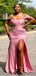 Sexy Pink Mermaid Off Shoulder Side Slit Maxi Long Wedding Guest Bridesmaid Dresses,WG1526
