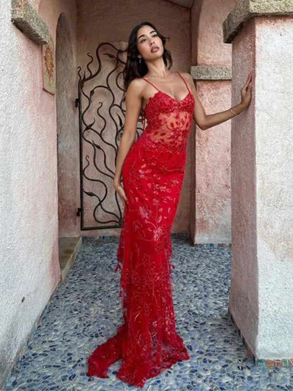 Sexy Red Mermaid Spaghetti Straps Maxi Long Party Prom Dresses,Evening Dress,13275