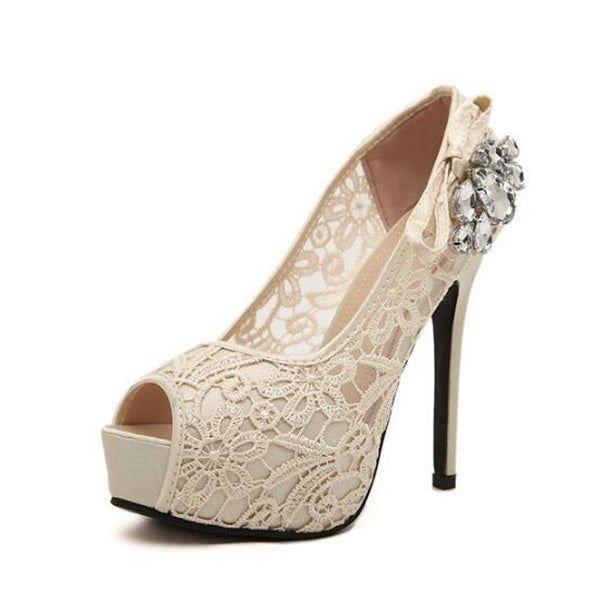 Hand Made High Heels Fish Toe Lace Sexy Wedding Bridal Shoes, S037