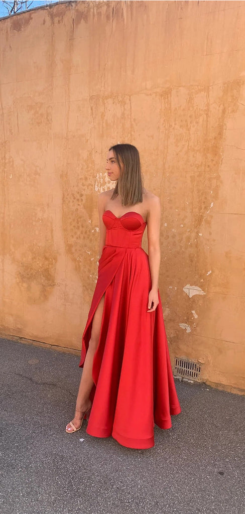 Simple Red A-line Side Slit Sweetheart Maxi Long Party Prom Dresses,Evening Dress,13268