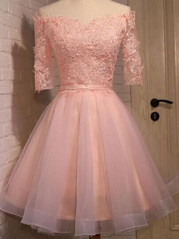 2017 pink lace off shoulder with half sleeve cute freshman graduation homecoming prom dress,BD00125