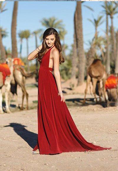 Popular Red V Neck Slit Custom Long Evening Prom Dresses, 17715