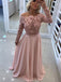 See Through Off Shoulder Lace Beaded Backless Long Sleeve Blush Pink Chiffon Long Custom Evening Prom Dresses, 17401