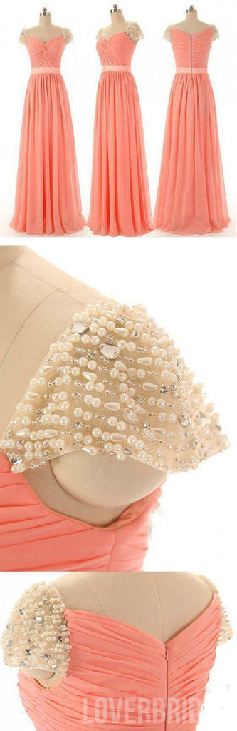 Beautiful Beading Cap Sleeve Sweet Heart Chiffon Inexpensive Long Bridesmaid Dresses, Simple Cheap Prom Dress, WG14