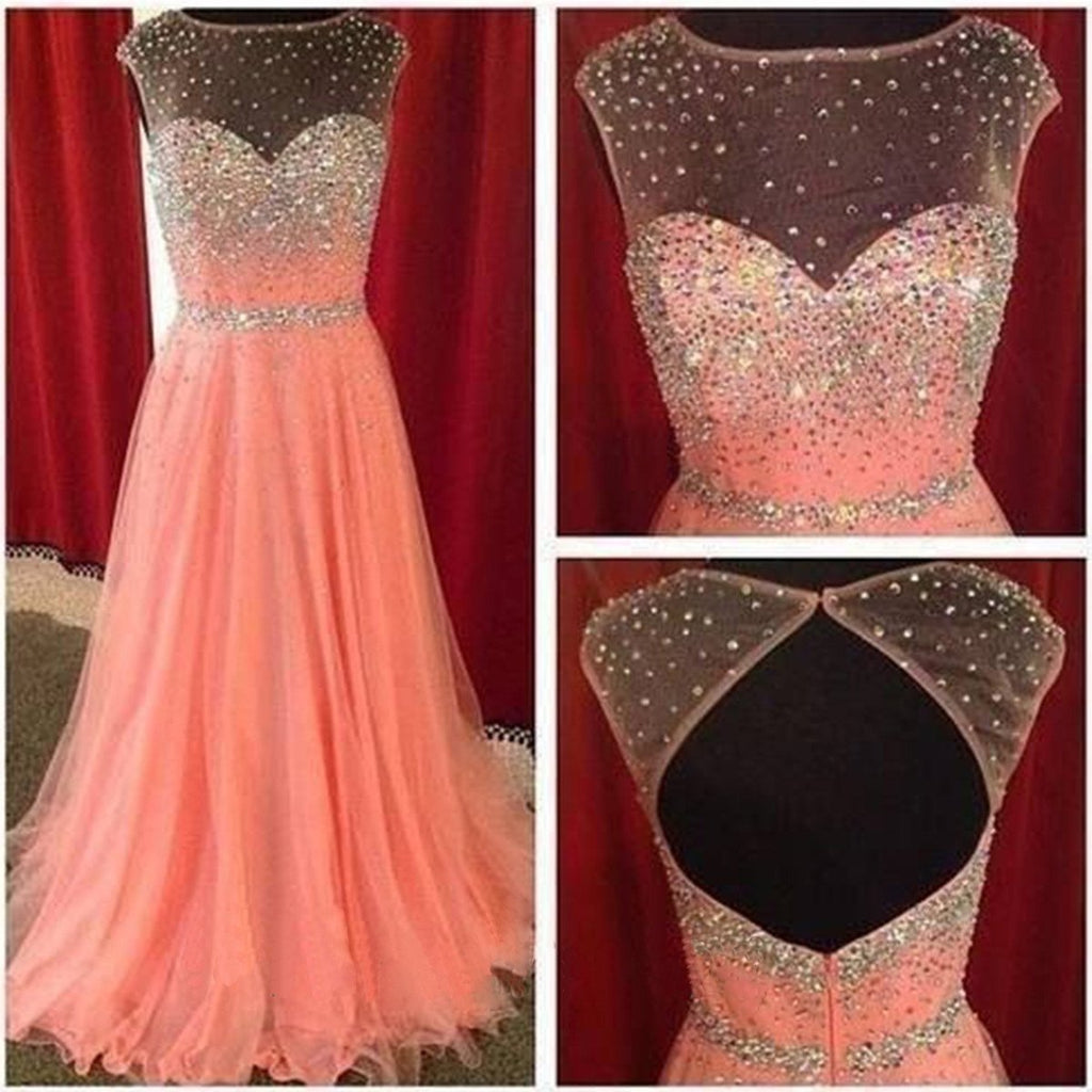 Beautiful Cap Sleeve Open Back Peach Sparkle Inexpensive Evening Long Prom Dresses, WG219