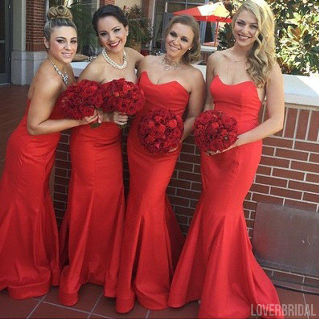 Beautiful Stunning Red Sweet Heart Sexy Mermaid Satin Long Wedding Guest Bridesmaid Dresses, WG164
