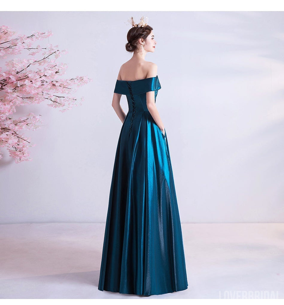 Blue A-line Off Shoulder Long Prom Dresses Online, Evening Party Dresses,12562