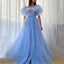 Blue A-line Short Sleeves Cheap Long Prom Dresses, Evening Party Dresses,12699