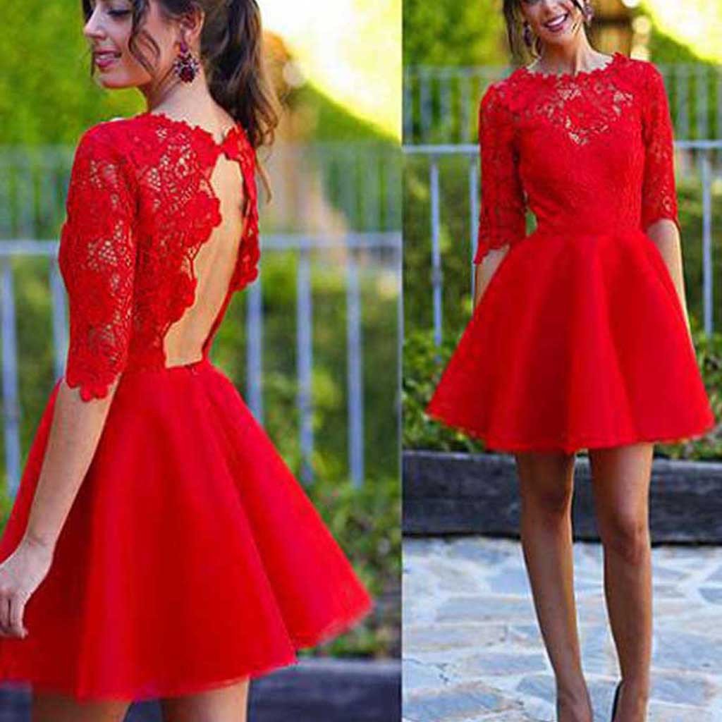 Blush red half sleeve see through lace open back charming homecoming prom gown dress,BD0023