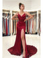 Burgundy Mermaid Spaghetti Straps High Slit Cheap Long Prom Dresses,12650