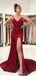 Burgundy Mermaid Spaghetti Straps High Slit Cheap Long Prom Dresses,12650