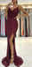 Burgundy Mermaid Spaghetti Straps V-neck High Slit Cheap Long Prom Dresses,12673