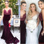 Burgundy Mermaid Spaghetti Straps V-neck Long Bridesmaid Dresses Online,WG980