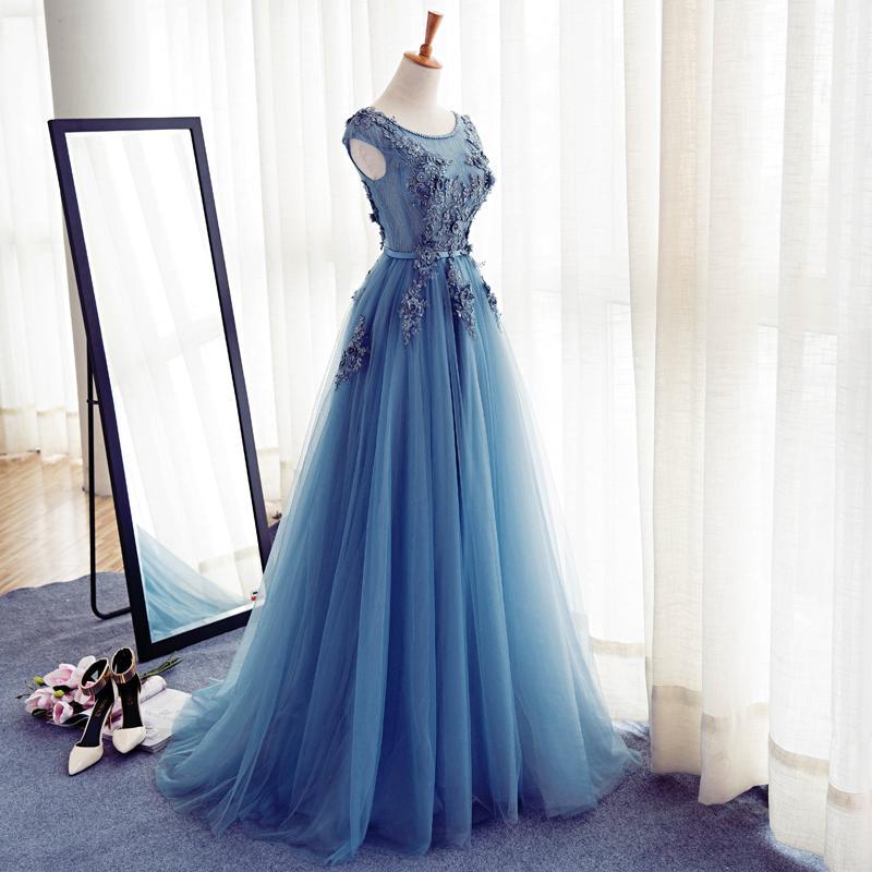 Cap Sleeve Blue Lace Beaded Evening A Line Prom Dresses, Long Sexy Party Prom Dress, Custom Long Prom Dresses, Cheap Formal Prom Dresses, 17133