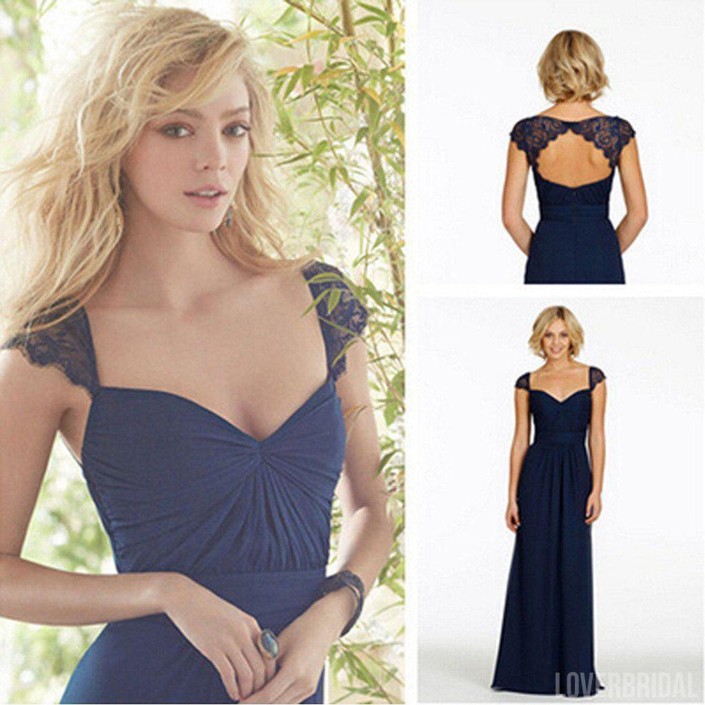 Cap Sleeve Open Back Lace Sweet Heart Chiffon Navy Blue Formal Cheap Bridesmaid Dresses, WG43