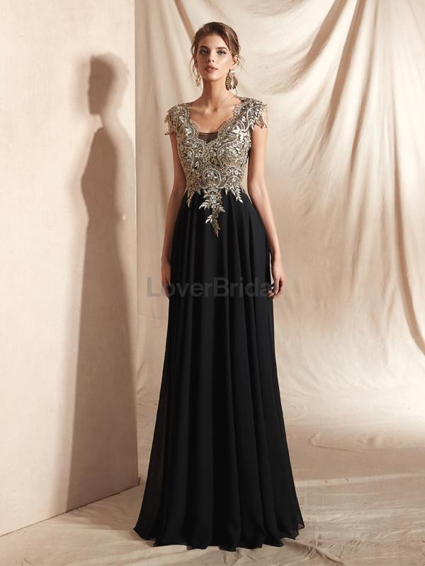 Cap Sleeves Applique Chiffon Evening Prom Dresses, Evening Party Prom Dresses, 12068