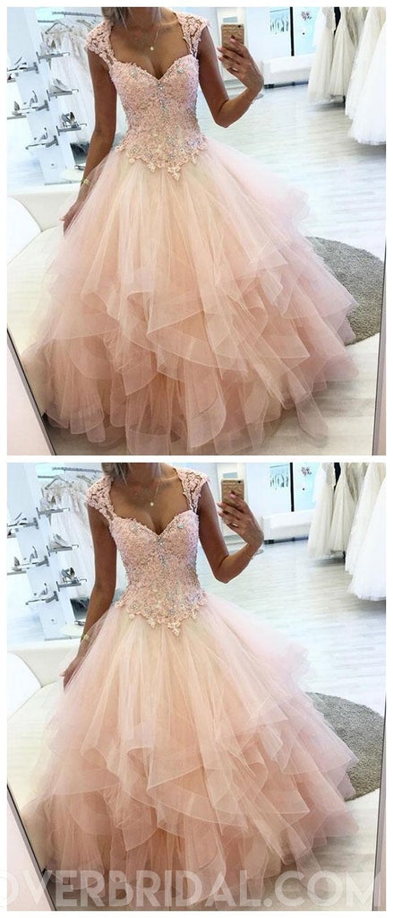 Cap Sleeves Peach Ball Gown Lace Beaded Long Evening Prom Dresses, Cheap Sweet 16 Dresses, 18431