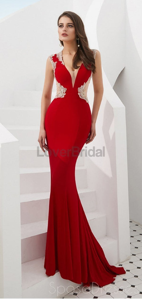 Cap Sleeves Red Beaded Mermaid See Through Evening Prom Dresses, Evening Party Prom Dresses, 12087