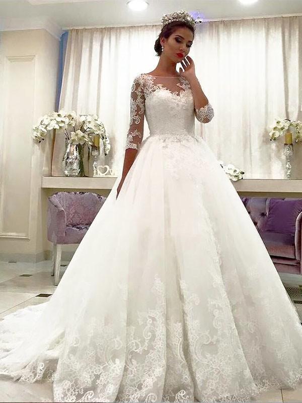 Cheap Lace Beaded A line Long Sleeve Wedding Dresses Online, WD423