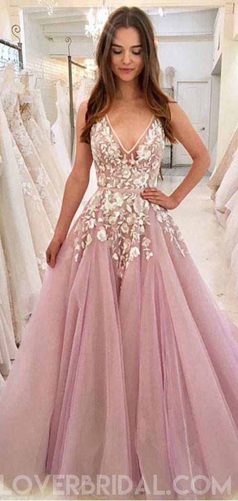 Cheap V Neck A-line Lace Pink Long Evening Prom Dresses, Cheap Custom Sweet 16 Dresses, 18445