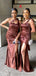 Chocolate Mermaid One Shoulder High Slit Long Bridesmaid Dresses Gown Online,WG949