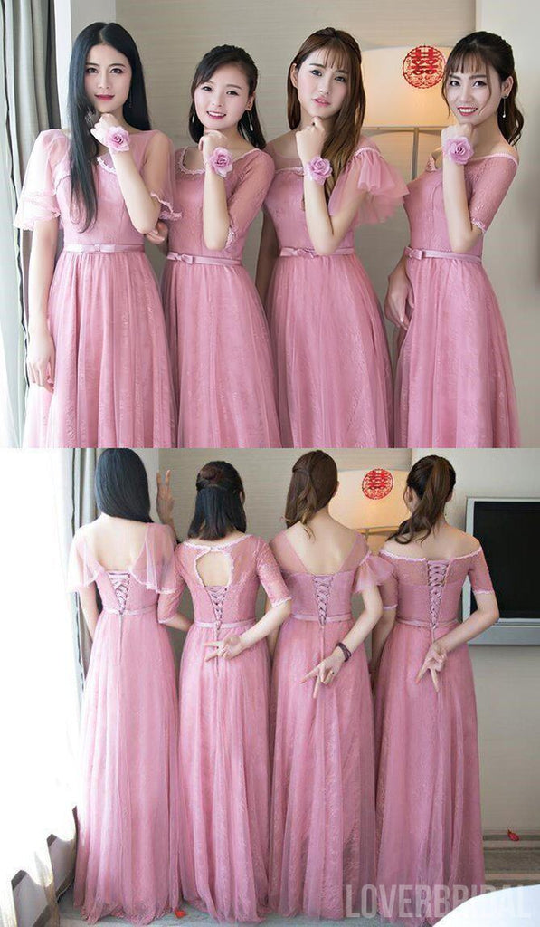 Cute Pink Lace Tulle Long Bridesmaid Dresses, Mismatched Custom Long Bridesmaid Dresses, Cheap Bridesmaid Gowns, BD004