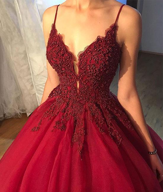 Dark Red A line Lace Beaded V Neckline Long Evening Prom Dresses, Popular Cheap Long Party Prom Dresses, 17274