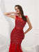 Dark Red Heavily Beaded Feather Mermaid Evening Prom Dresses, Evening Party Prom Dresses, 12098