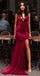 Dark Red Side Slit Mermaid Long Evening Prom Dresses With Pockets, Cheap Custom Party Prom Dresses, 18610