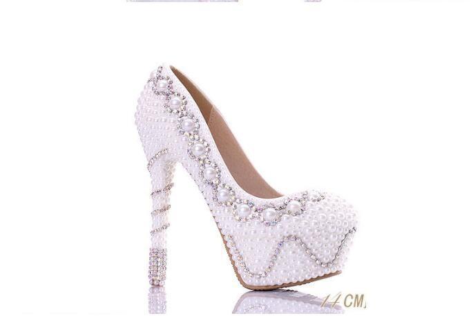 Fashion Handmade High Heels Round Toe Pearls Crystal Wedding Shoes, S0039