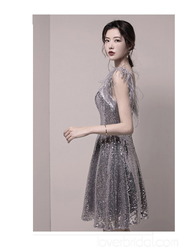 Feather Straps Silver Sequin Sparkly Cheap Homecoming Dresses Online, Cheap Short Prom Dresses, CM772