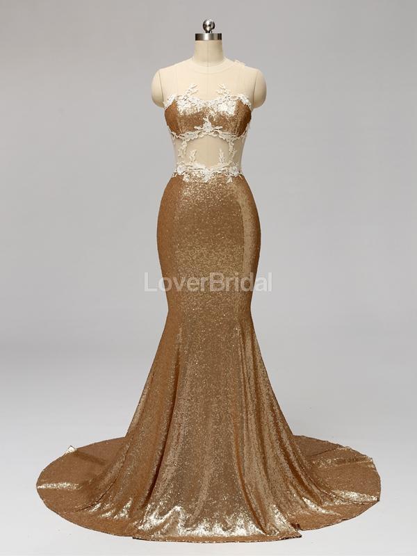 Gold Sequin See Through Mermaid Cheap Bridesmaid Dresses Online, WG595