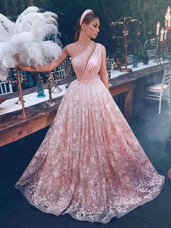 Gorgeous Pink A-line One Shoulder Maxi Long Prom Dresses,Evening Dresses,12997