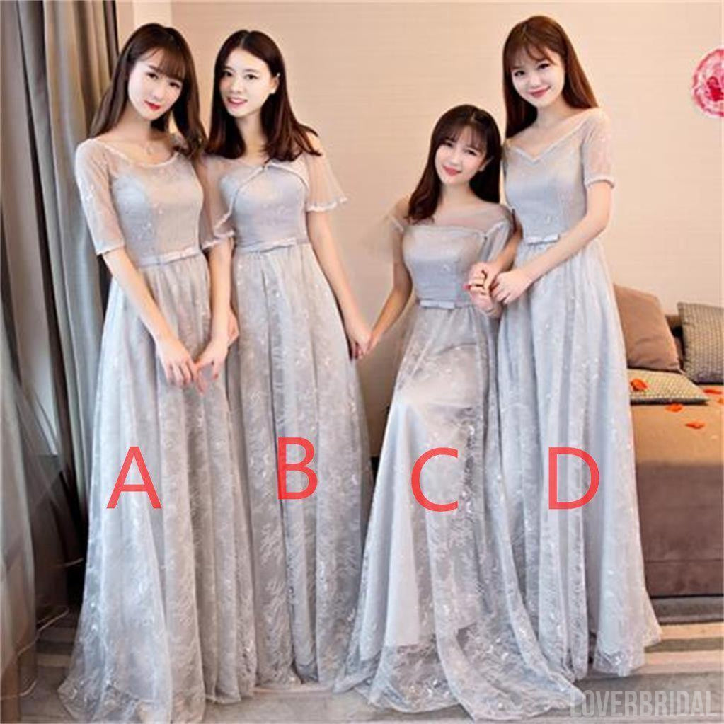 Gray Lace Short Sleeve Long Bridesmaid Dresses, Mismatched Custom Long Bridesmaid Dresses, Cheap Bridesmaid Gowns, BD0001