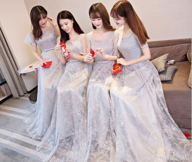 Gray Lace Short Sleeve Long Bridesmaid Dresses, Mismatched Custom Long Bridesmaid Dresses, Cheap Bridesmaid Gowns, BD0001