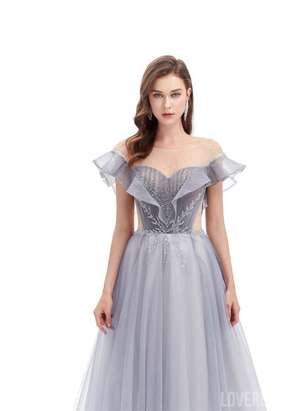 Grey A-line Short Sleeves Off Shoulder Long Prom Dresses Online,12585