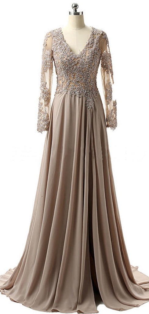 Grey Long Sleeves Lace Side Slit Long Evening Prom Dresses, Cheap Sweet 16 Dresses, 18353