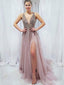 Grey Pink Beaded A-line Cheap Long Evening Prom Dresses, Evening Party Prom Dresses, 18623