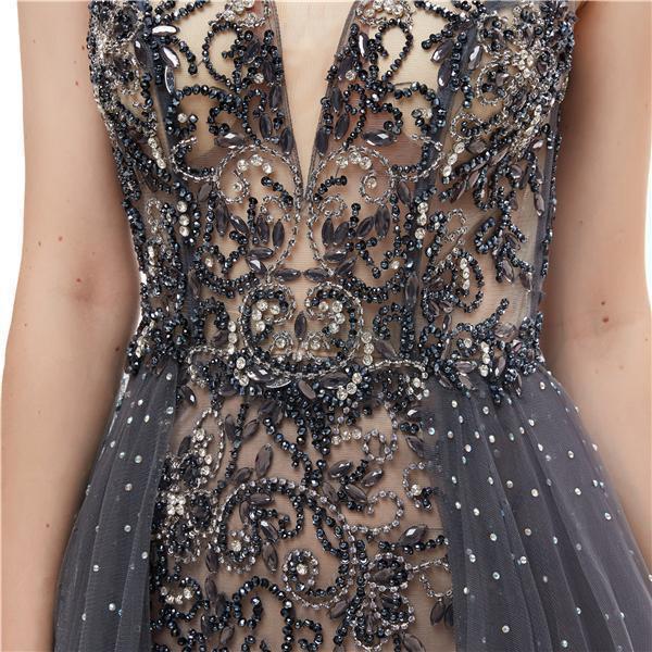 Grey V Neck Open Back Beaded A-line Evening Prom Dresses, Evening Party Prom Dresses, 12050