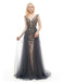 Grey V Neck Open Back Beaded A-line Evening Prom Dresses, Evening Party Prom Dresses, 12050