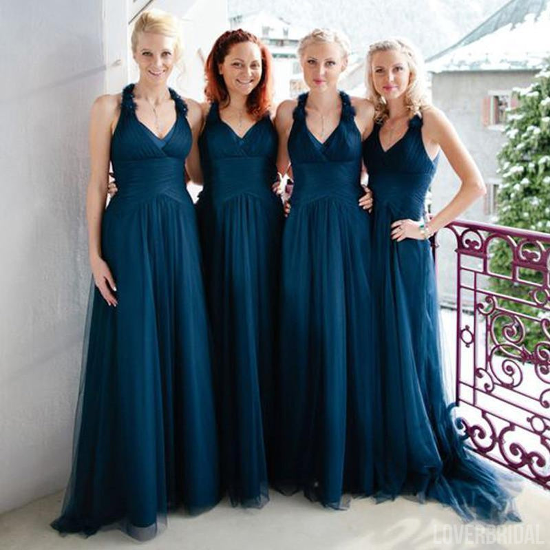 Halter Dark Teal Tulle Elegant Formal On Sale Long Bridesmaid Dresses, WG373