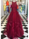 Halter Lace Red Ruffle Long Evening Prom Dresses, Cheap Custom Party Prom Dresses, 18597