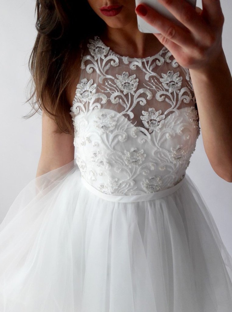 Lace Illusion Cheap White Short Homecoming Dresses Online, CM684