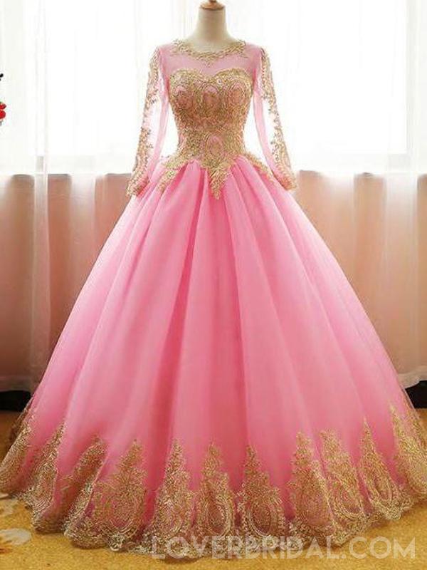 Long Sleeves Gold Lace Pink Skirt A-line Long Evening Prom Dresses, Cheap Sweet 16 Dresses, 18415