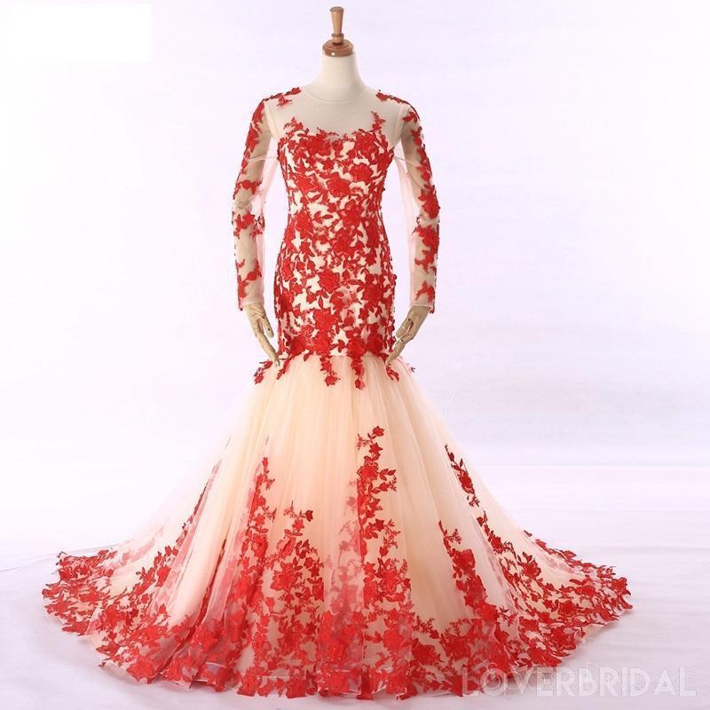 Long Sleeves Red Lace Mermaid Evening Prom Dresses, Cheap Custom Sweet 16 Dresses, 18531