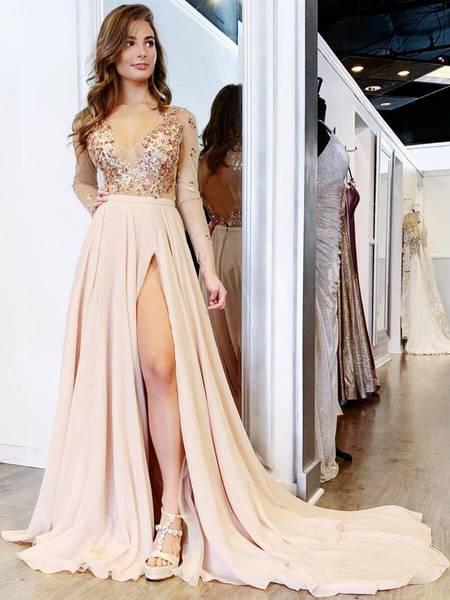 Long Sleeves Sparkly Chiffon Long Evening Prom Dresses, Cheap Custom Party Prom Dresses, 18570