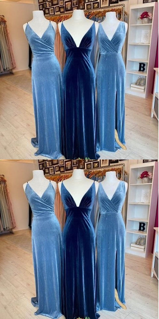 Mismatched Blue A-line V-neck Cheap Long Bridesmaid Dresses,WG1396