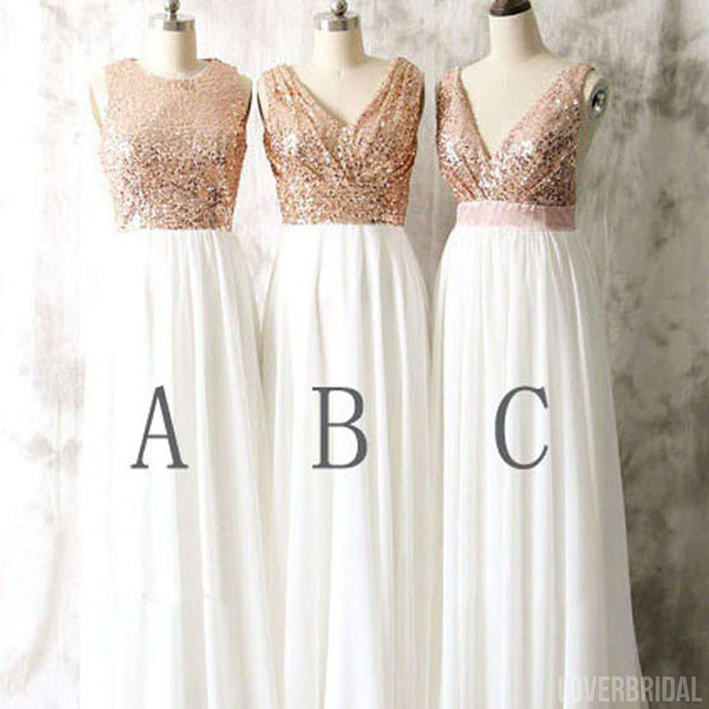 Mismatched Different Styles Sequin Top White Chiffon Sleeveless On Sale Long Bridesmaid Dresses For Wedding, WG17
